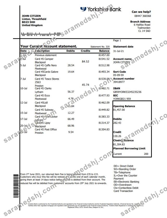 United Kingdom Yorkshire bank statement easy to fill template in Excel and PDF format
